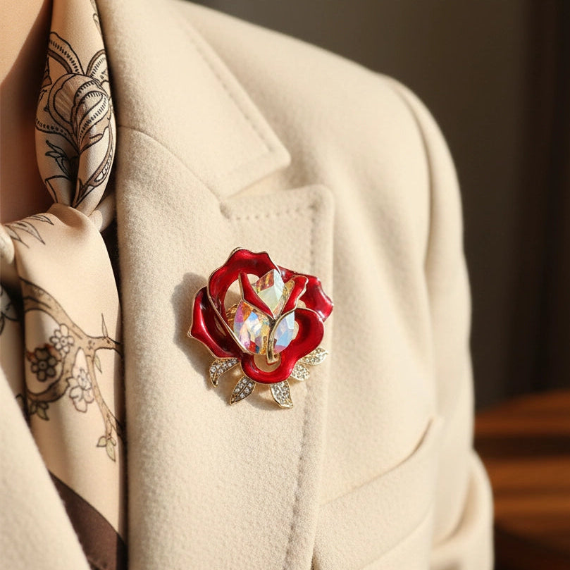 Elegant Red Enamel Rose Brooch – Large Iridescent Crystal Floral Pin for Women – 5cm x 5cm