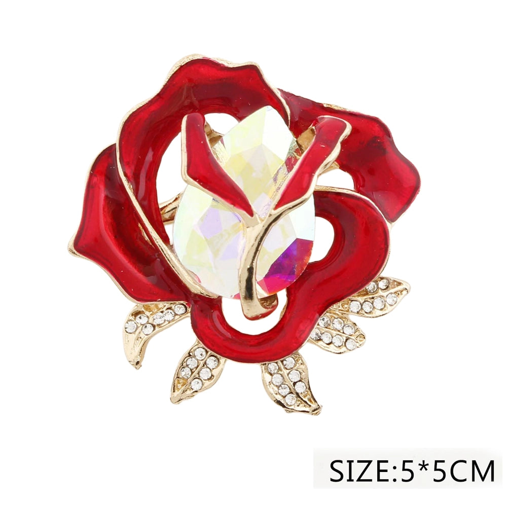 Elegant Red Enamel Rose Brooch – Large Iridescent Crystal Floral Pin for Women – 5cm x 5cm