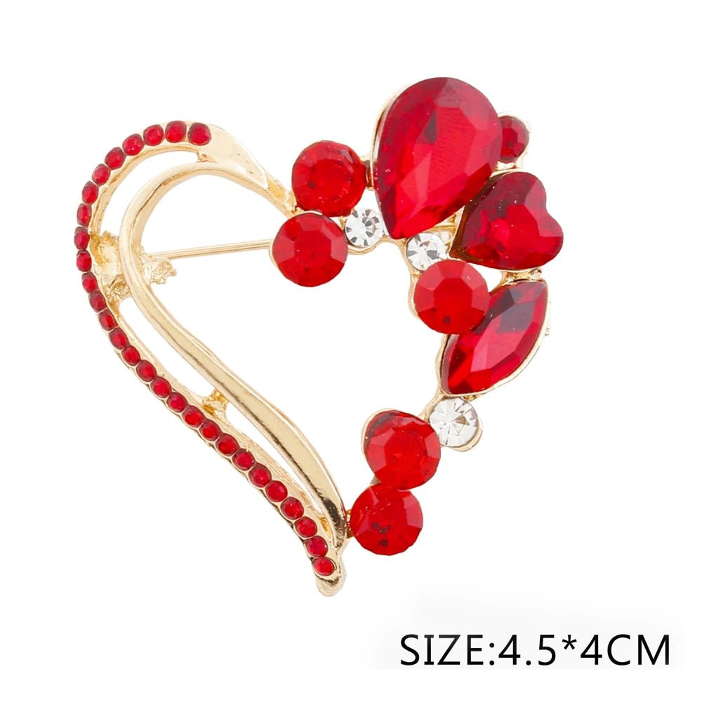 Red Crystal Heart Brooch – Ruby Rhinestone Open Heart Pin for Women, Valentine’s Day & Wedding Jewelry, Gold/Silver Tone, 4.5cm