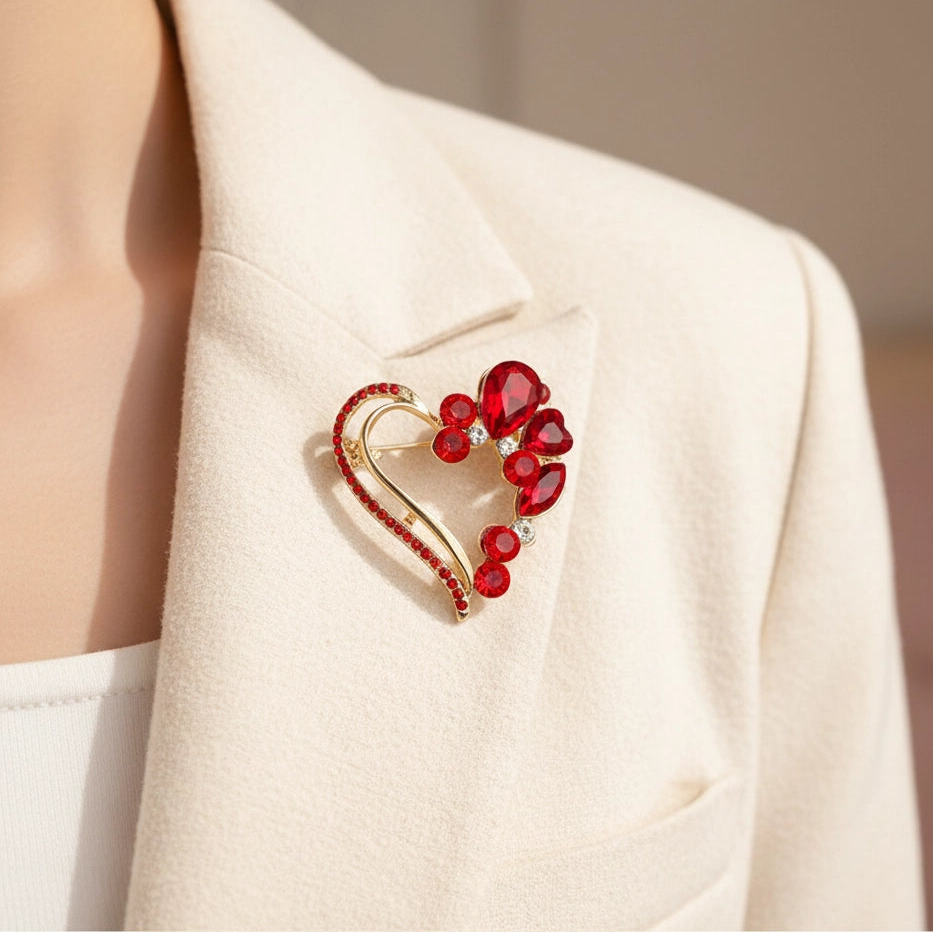Red Crystal Heart Brooch – Ruby Rhinestone Open Heart Pin for Women, Valentine’s Day & Wedding Jewelry, Gold/Silver Tone, 4.5cm