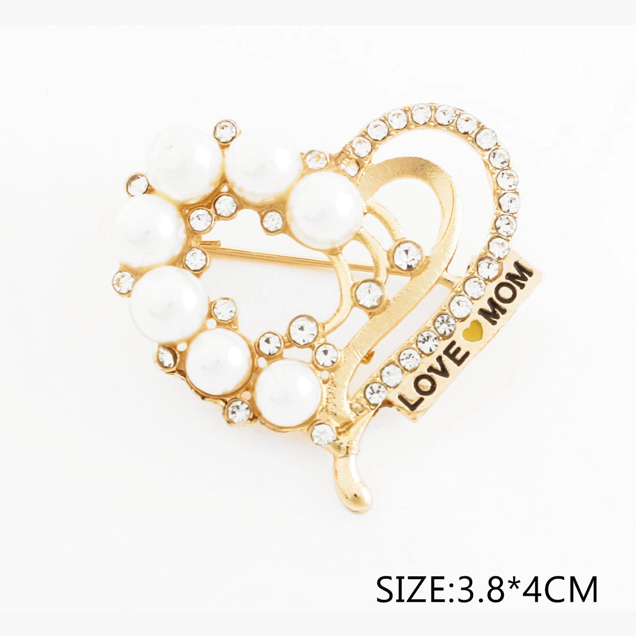 "Love Mom" Heart-Shaped Brooch Pin with Pearls and Crystals (CC1227)