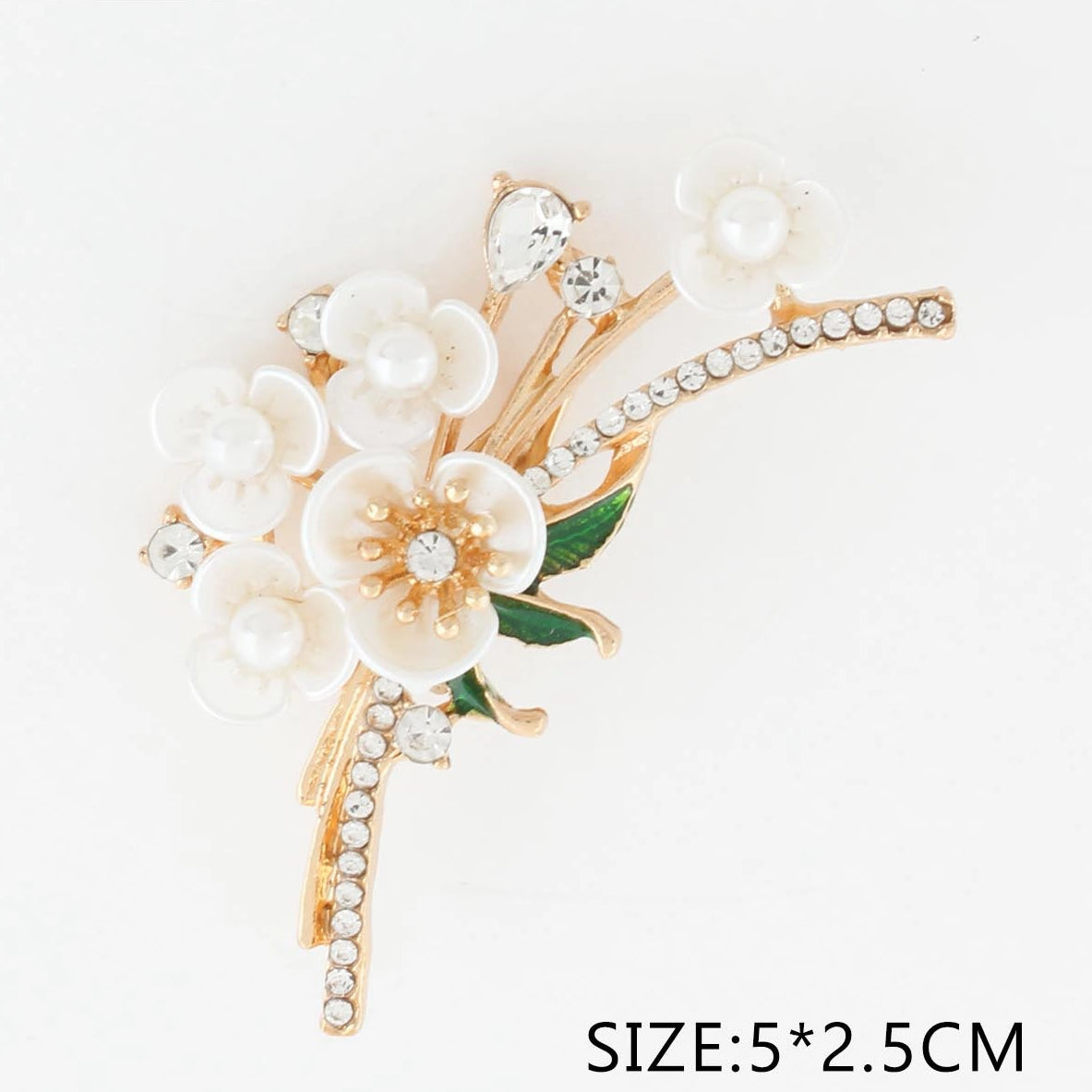 Elegant Floral Brooch Pin with Faux Pearls & Rhinestones - 5x2.5cm (CC1228)