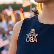 Patriotic USA Brooch Pin with Rhinestone Uncle Sam Hat & Butterflies – Red, White, and Blue July 4th Jewelry 12pcs (CC1236)