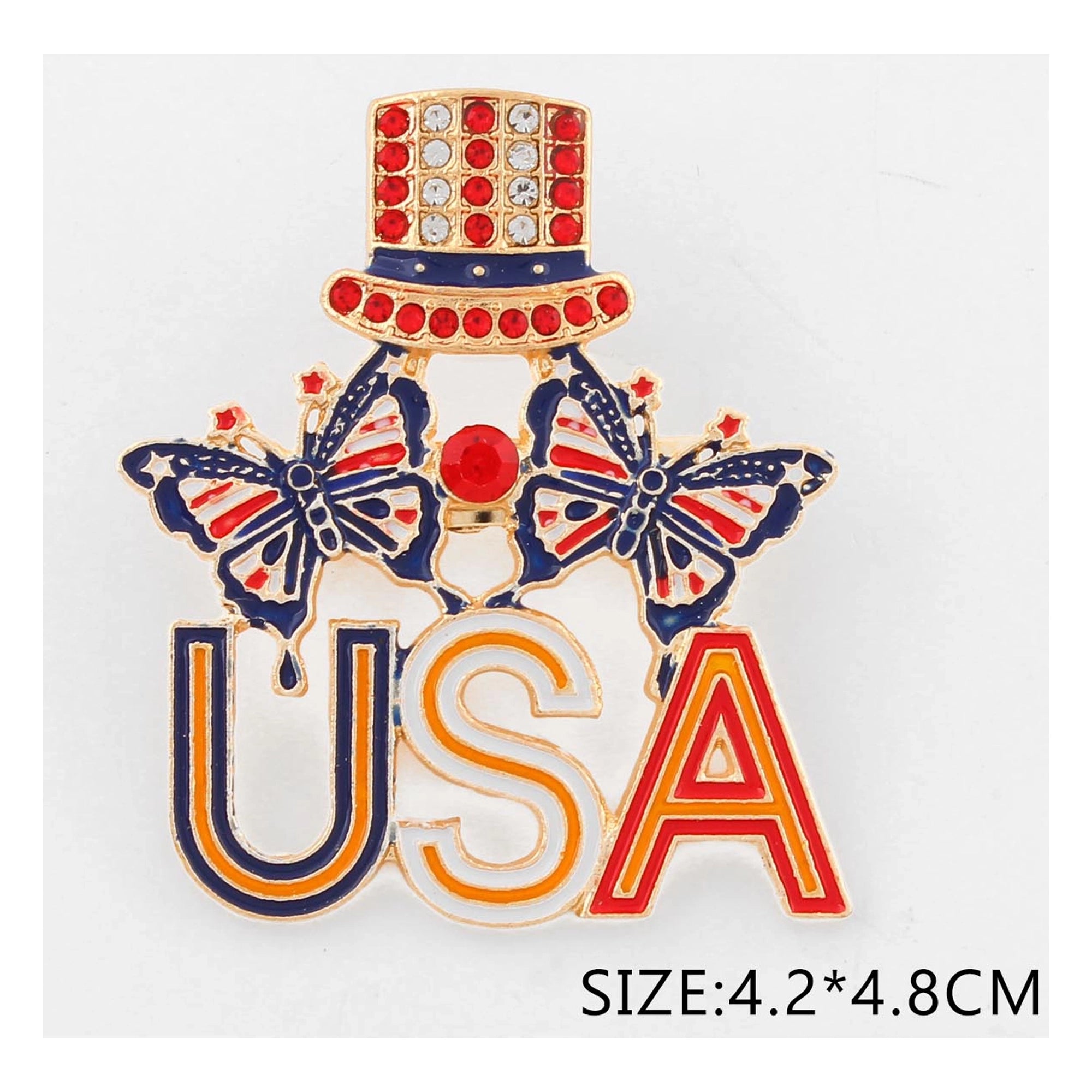 Patriotic USA Brooch Pin with Rhinestone Uncle Sam Hat & Butterflies – Red, White, and Blue July 4th Jewelry 12pcs (CC1236)