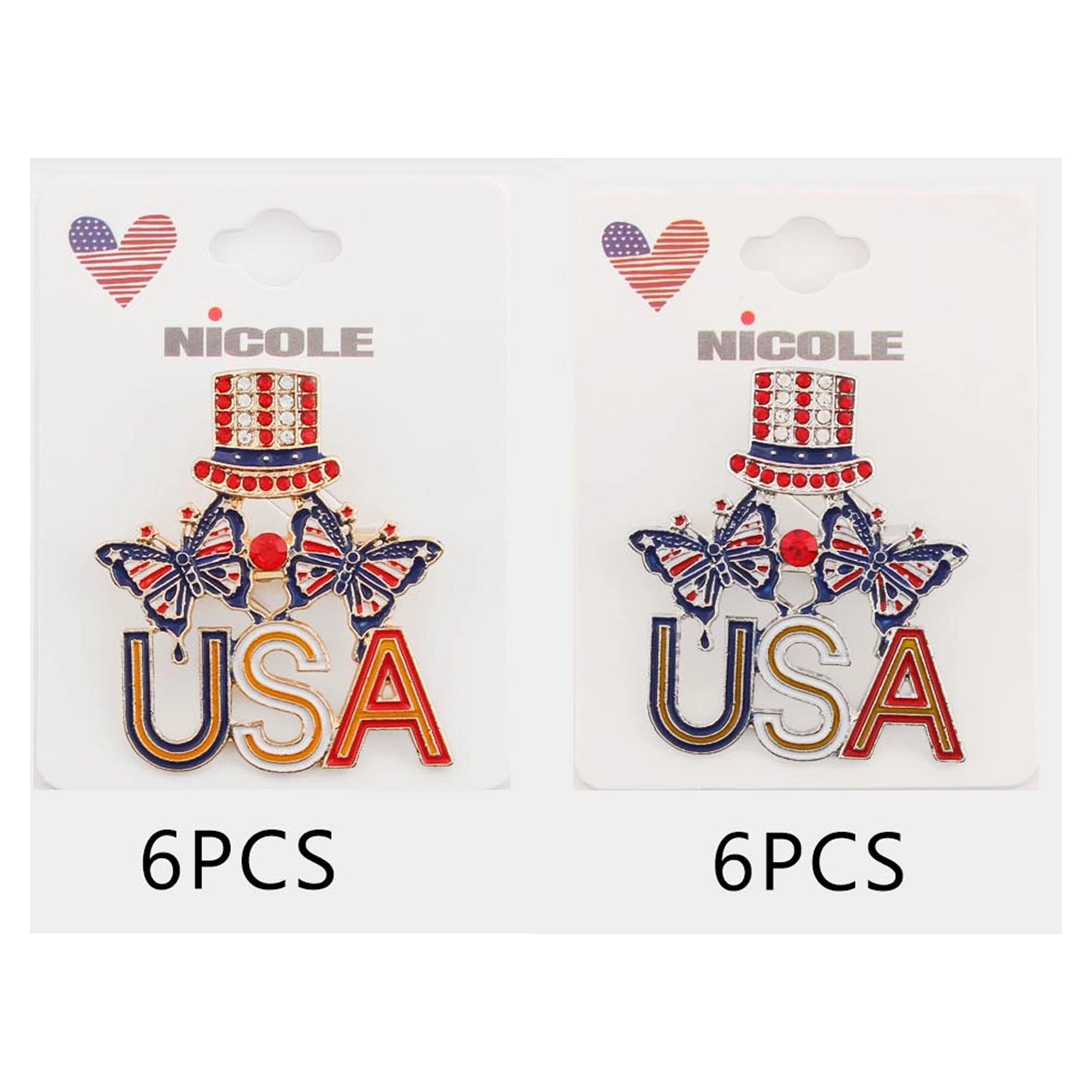 Patriotic USA Brooch Pin with Rhinestone Uncle Sam Hat & Butterflies – Red, White, and Blue July 4th Jewelry 12pcs (CC1236)