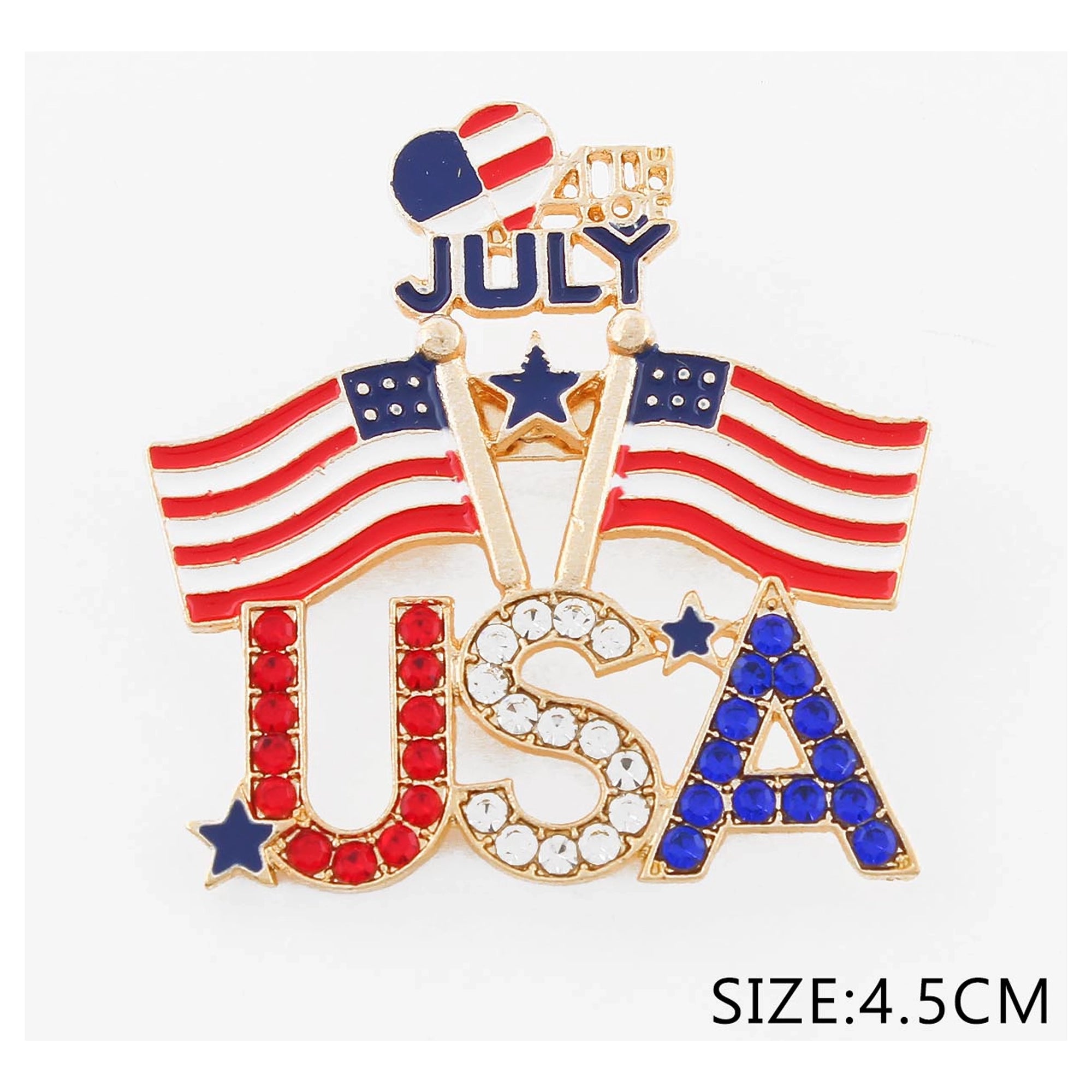 4th of July USA Brooch Pin - Patriotic Rhinestone American Flag Jewelry - Red White and Blue Independence Day Memorial Day Enamel Badge, 4.5cm (CC1237)