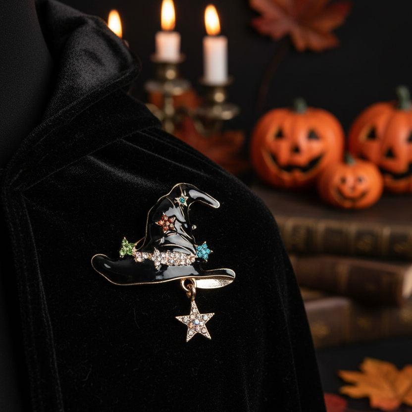 Sparkling Rhinestone Witch Hat Brooch Pin – Halloween Enamel Dangle Star Badge (Pack of 12) (CC1243)