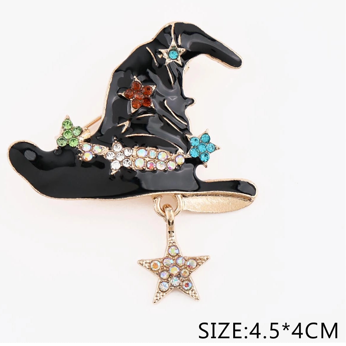 Sparkling Rhinestone Witch Hat Brooch Pin – Halloween Enamel Dangle Star Badge (Pack of 12) (CC1243)