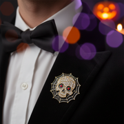Gothic Rhinestone Skull in Spiderweb Brooch Pin - Halloween Enamel Badge (3cm) (CC1247)