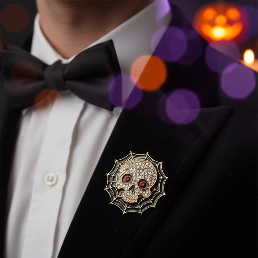 Gothic Rhinestone Skull in Spiderweb Brooch Pin - Halloween Enamel Badge (3cm) (CC1247)
