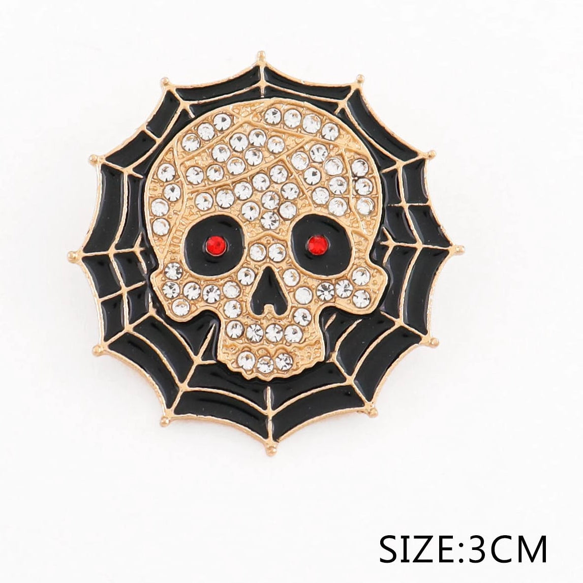 Gothic Rhinestone Skull in Spiderweb Brooch Pin - Halloween Enamel Badge (3cm) (CC1247)