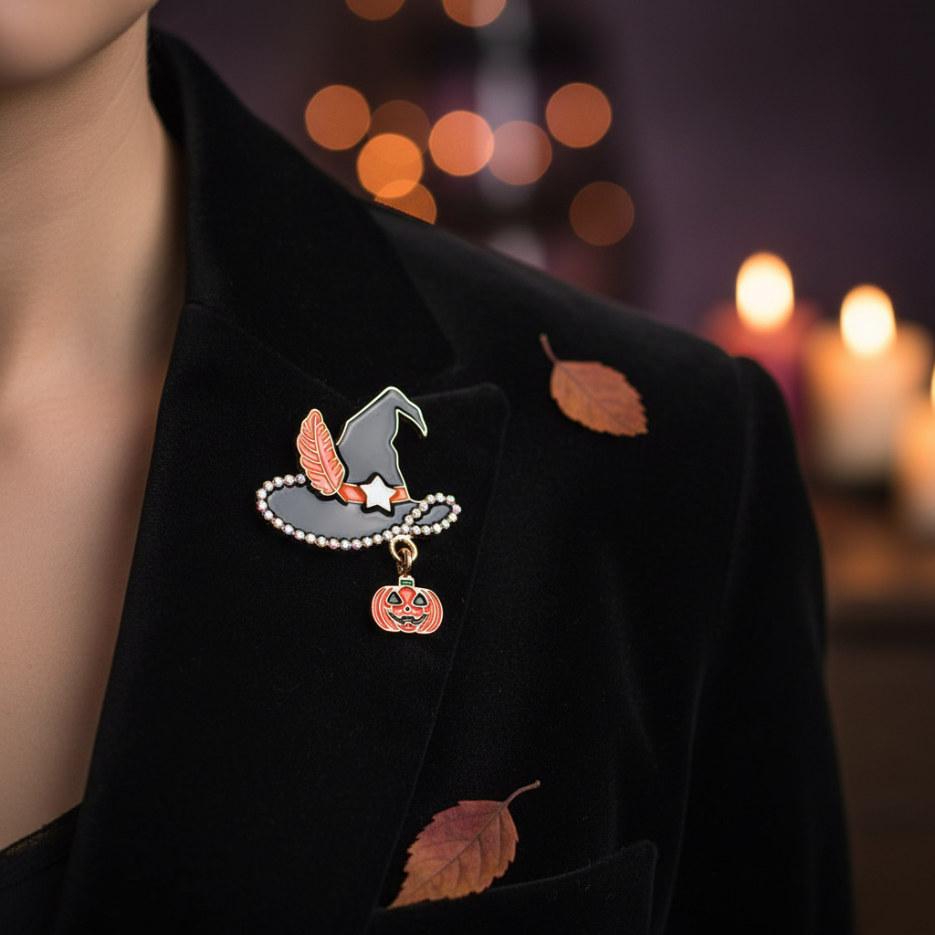 Spooky Halloween Witch Hat Brooch Pin – Rhinestone Trimmed Enamel Badge with Jack-o'-Lantern Charm (CC1249)