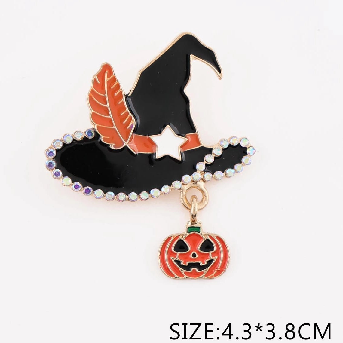 Spooky Halloween Witch Hat Brooch Pin – Rhinestone Trimmed Enamel Badge with Jack-o'-Lantern Charm (CC1249)