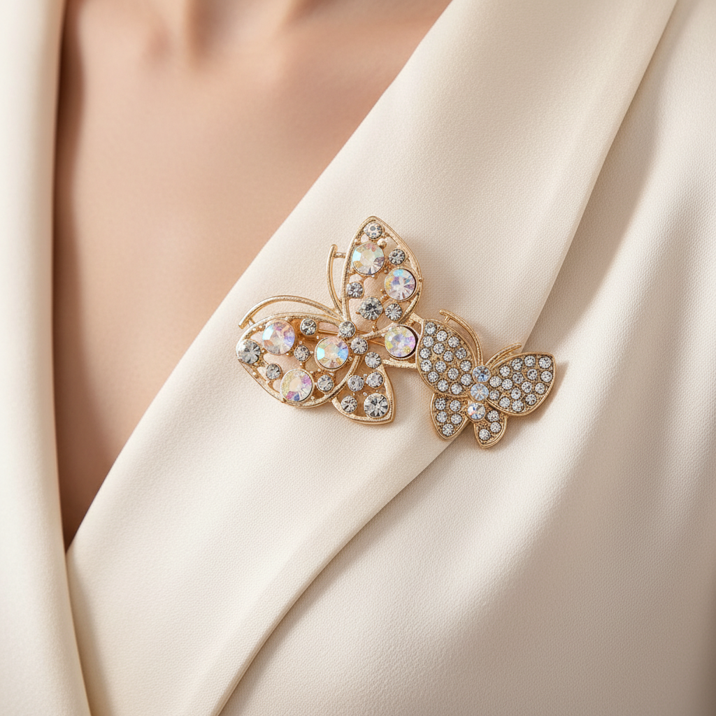 Elegant Double Butterfly Rhinestone Brooch Pin | Sparkling Gold & Silver Crystal Lapel Pin (CC1265)