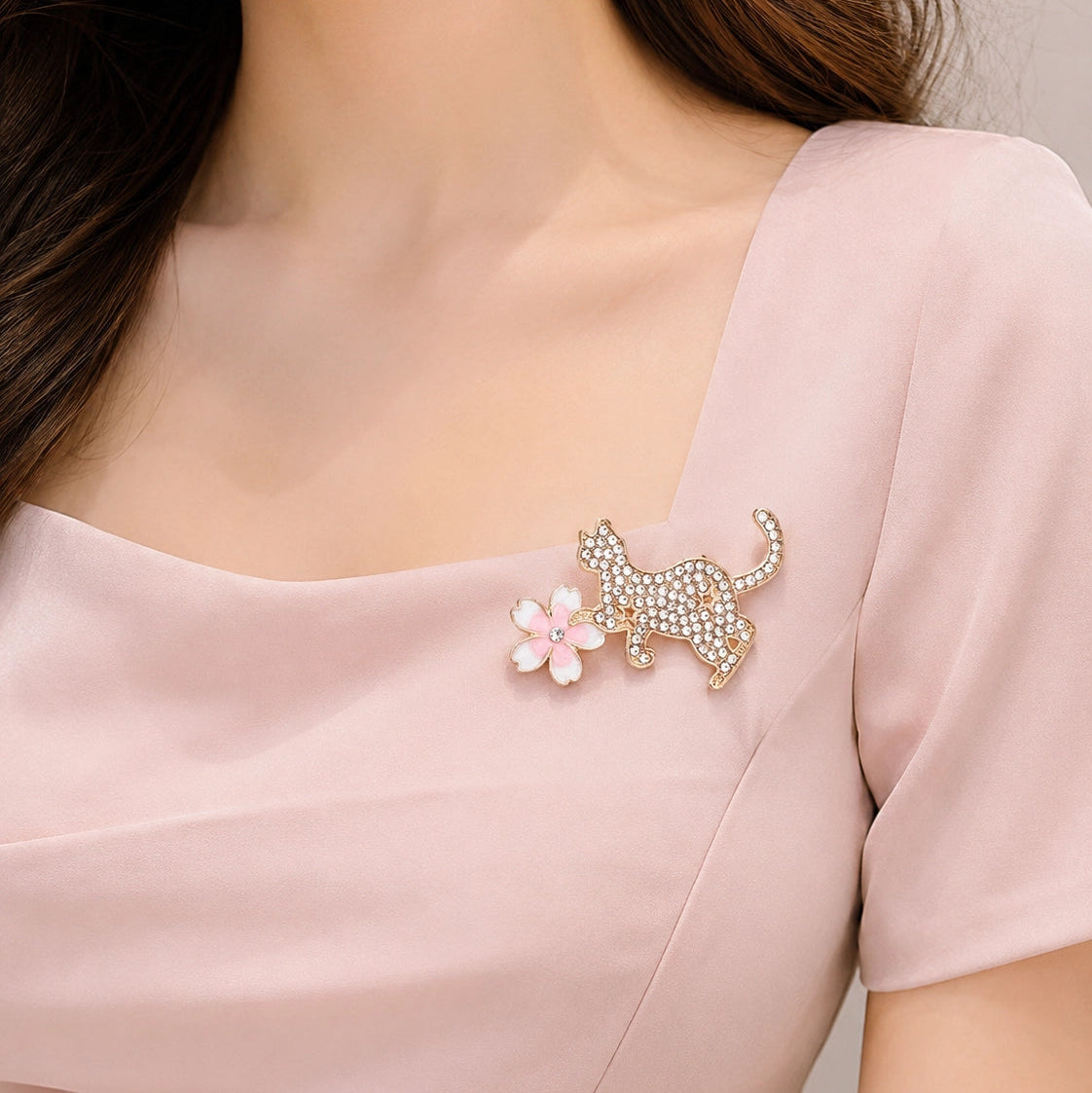 Sparkling Rhinestone Cat Brooch Pin with Cherry Blossom Flower | Gold-Tone Enamel Animal Jewelry for Women & Girls (5cm) (CC1267)