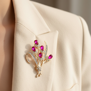 Elegant Crystal Floral Bouquet Brooch Pin for Women – Gold-Tone Rhinestone Flower Lapel Pin Set (Item CC1268)