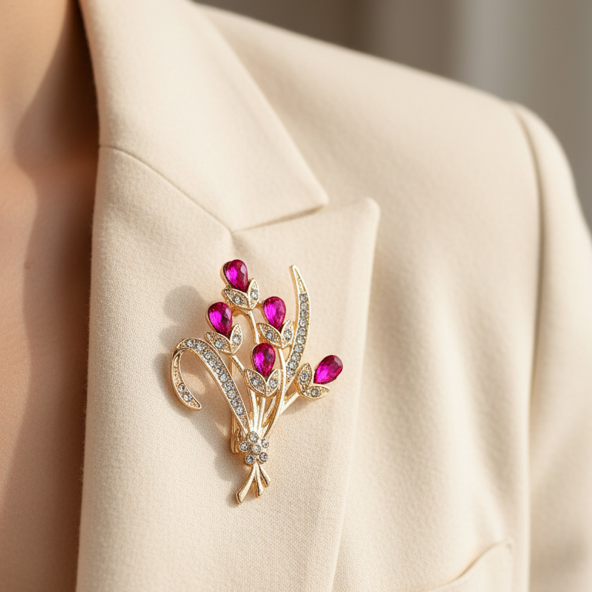 Elegant Crystal Floral Bouquet Brooch Pin for Women – Gold-Tone Rhinestone Flower Lapel Pin Set (Item CC1268)