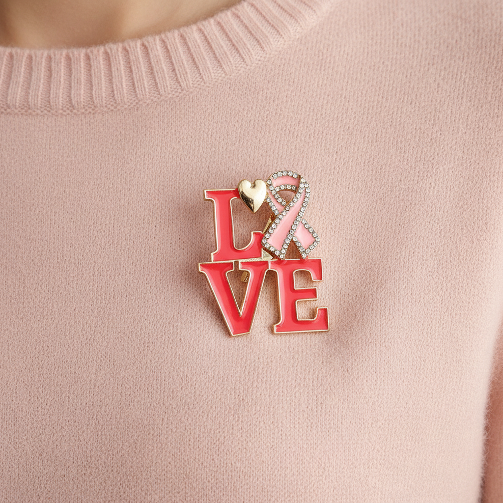 Rhinestone Pink Ribbon LOVE Brooch Pin | Breast Cancer Awareness Hope Lapel Pin (Wholesale Bulk) (CC1288)