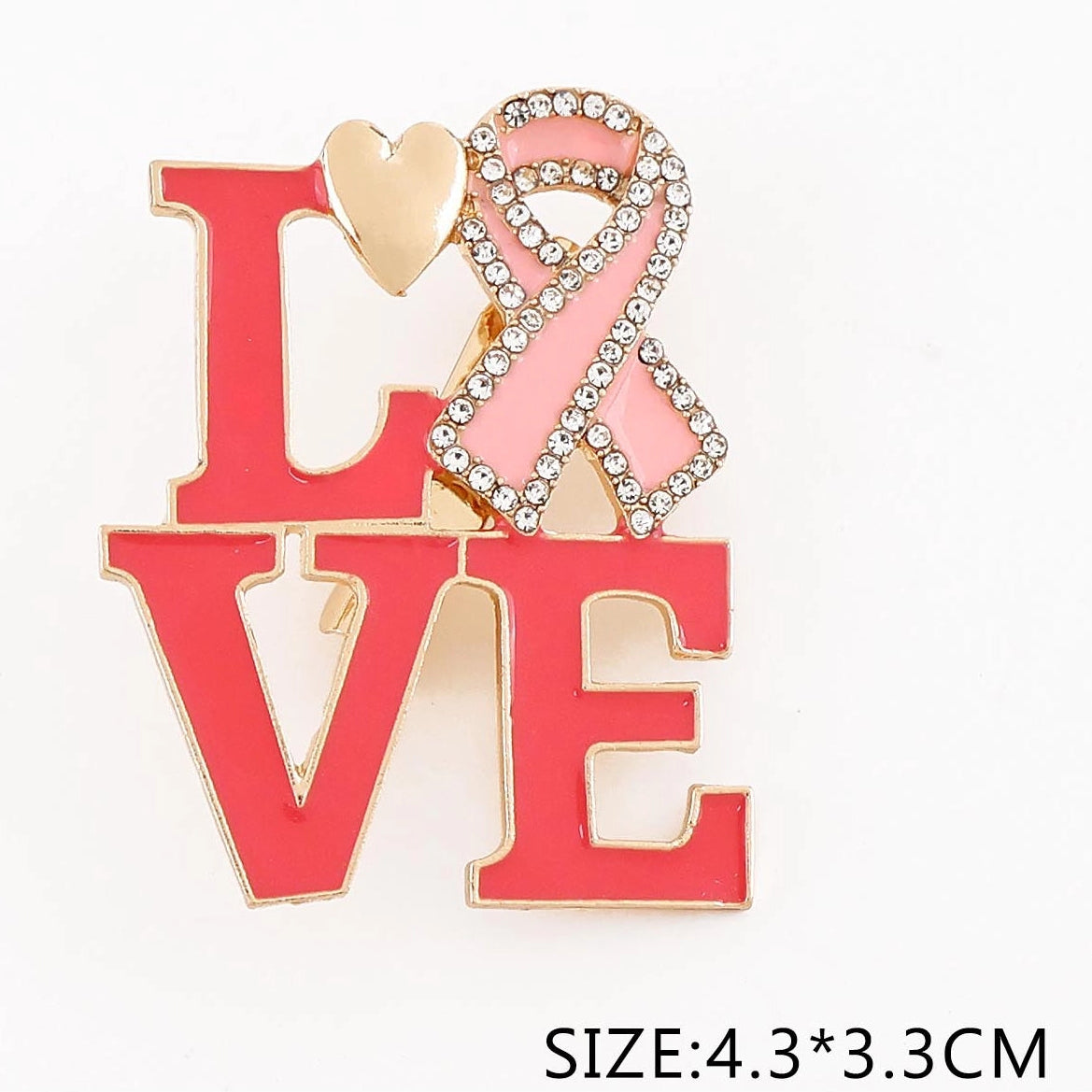 Rhinestone Pink Ribbon LOVE Brooch Pin | Breast Cancer Awareness Hope Lapel Pin (Wholesale Bulk) (CC1288)
