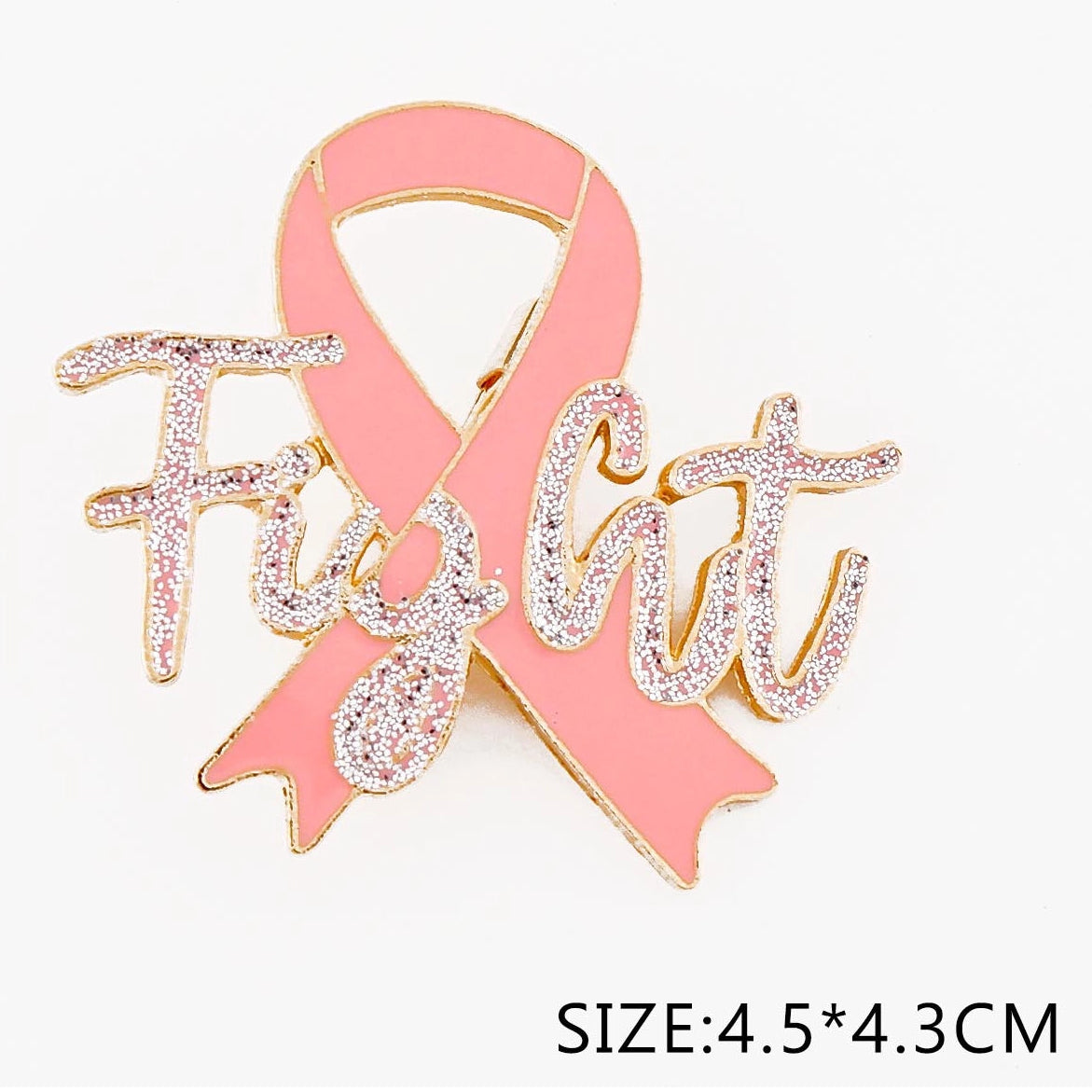 Pink Ribbon "Fight" Glitter Brooch Pin – Breast Cancer Awareness Lapel Pin (Bulk Pack of 12) (CC1289)