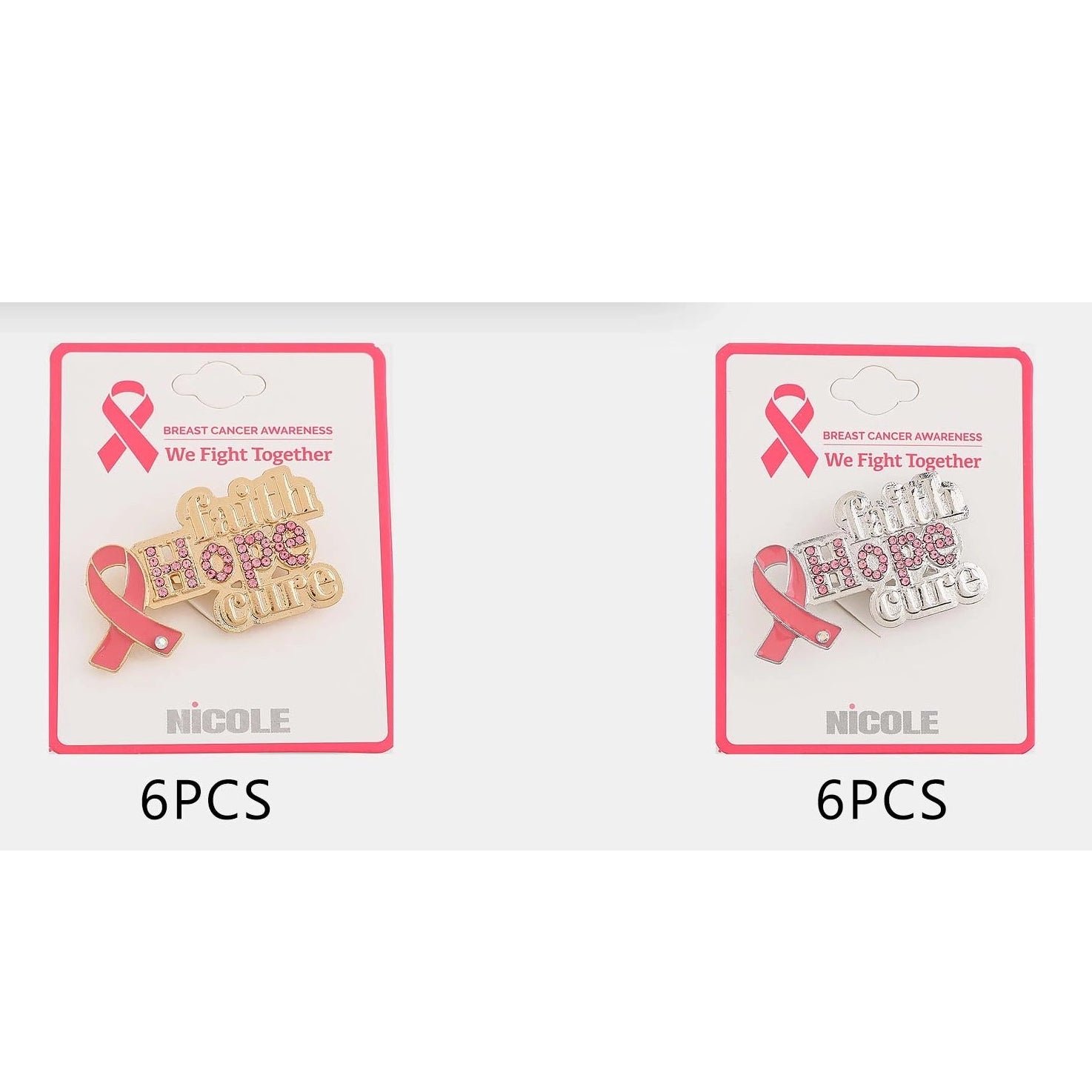 Pink Ribbon Faith Hope Cure Brooch Pin – Breast Cancer Awareness Rhinestone Brooch (1 Dozen / 12 Pcs) (CC1291)