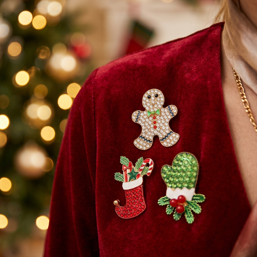 Christmas Enamel & Rhinestone Brooch Pin Set – Gingerbread Man, Stocking & Mitten Designs 12-Piece Wholesale Pack (CC1292)
