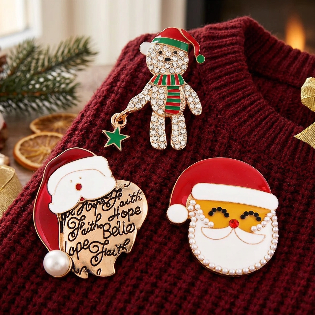 Christmas Enamel & Rhinestone Brooch Pin Set – Santa Claus & Teddy Bear Designs 12-Piece (CC1293)(CC1293)