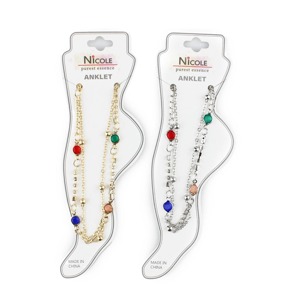 Dainty Layered Anklet with Colorful Stone Charms | Gold & Silver Chain Ankle Bracelet