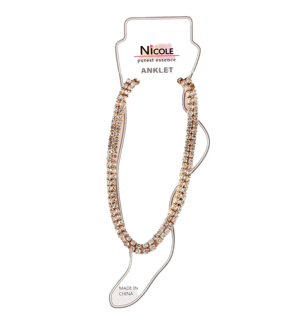 Double Strand Sparkling Rhinestone Anklet | Gold-Tone Adjustable Ankle Bracelet
