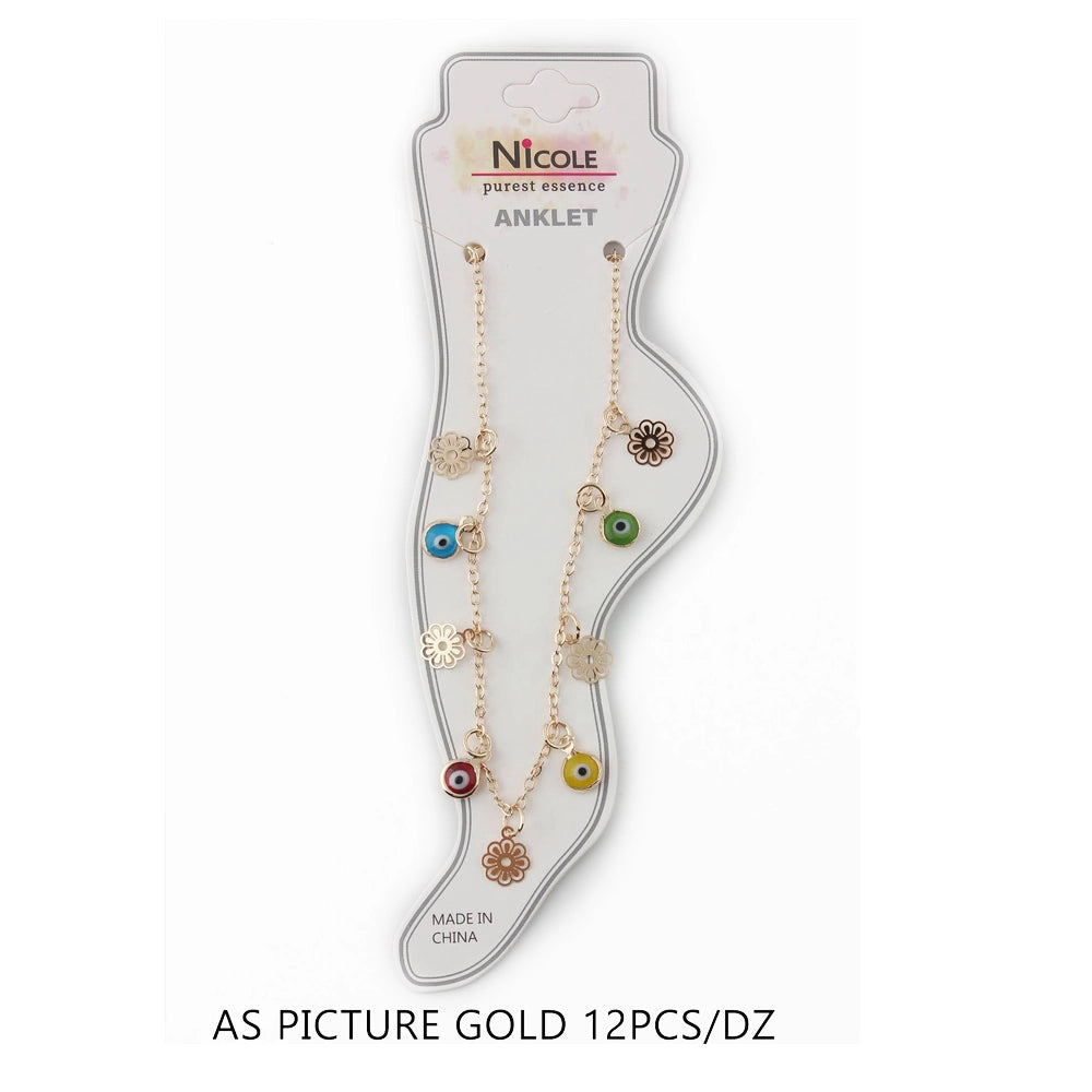 Boho Gold-Tone Evil Eye Anklet with Flower Charms – Colorful Protection Foot Jewelry & Summer Beach Accessory