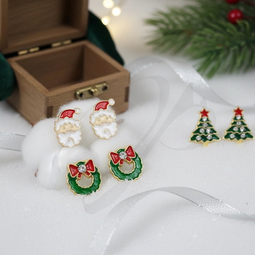 Christmas Stud Earring Set - Santa, Wreath & Tree Enamel Jewelry