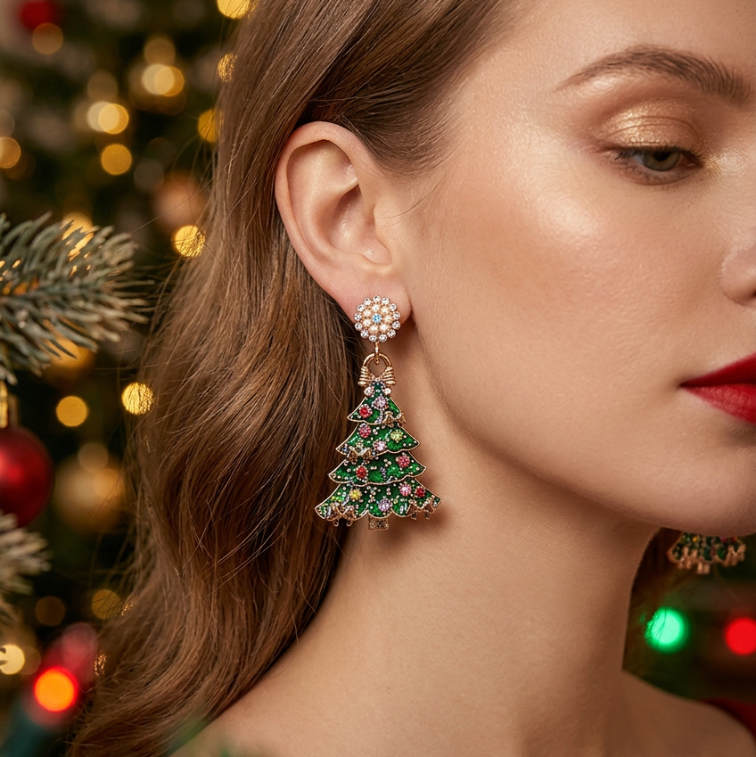 18K Gold Plated Brass Festive Enamel Christmas Tree Dangle Earrings | Crystal Sunburst Top Holiday Statement Drop Earrings (CEF-20074)