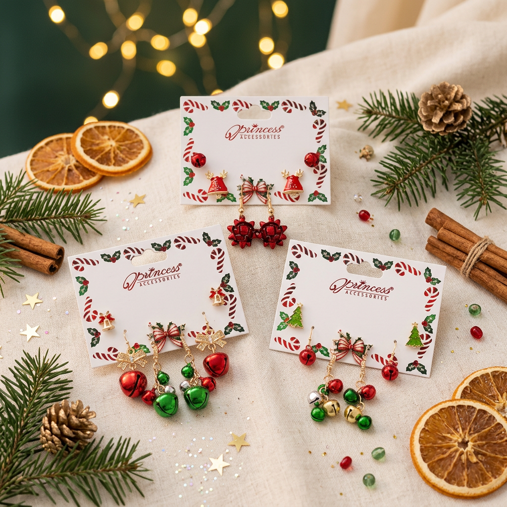 Holiday Festive Enamel Christmas Stud & Dangle Earrings Set | Multi-Pair Xmas Bow & Jingle Bell Earrings Assortment (CEF-20076)