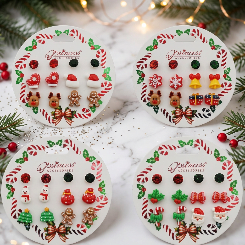 Merry Christmas 6-Pair Festive Enamel & Crystal Stud Earrings Set | Multi-Pack Xmas Holiday Character Stud Earrings Assortment (CEF-20077)