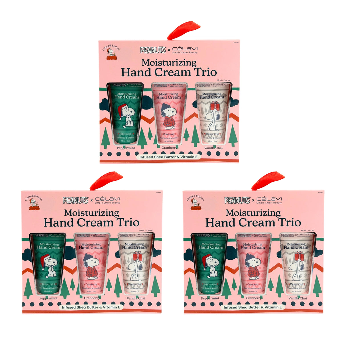 PEANUTS x CÉLAVI Moisturizing Hand Cream Trio (Limited Edition Holiday Gift Set) (3 x 60 ml / 2 fl oz Tubes)