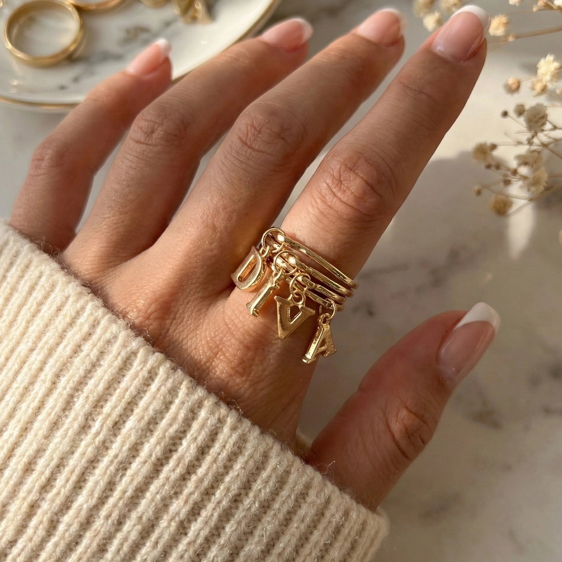 DIVA Letter Charm Stacking Ring Set (CG2226)