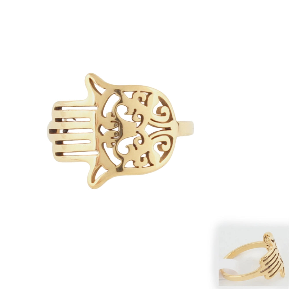 Golden Hamsa Hand Stainless Steel Ring | Spiritual Protection Jewelry
