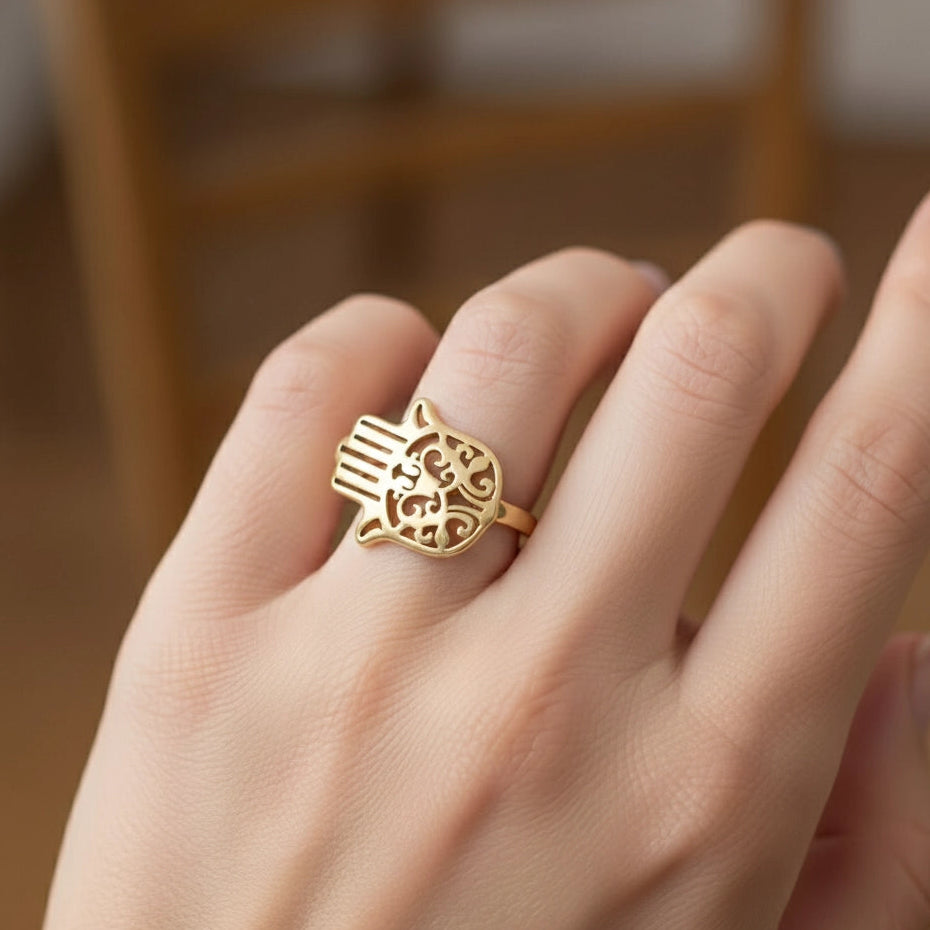 Golden Hamsa Hand Stainless Steel Ring | Spiritual Protection Jewelry