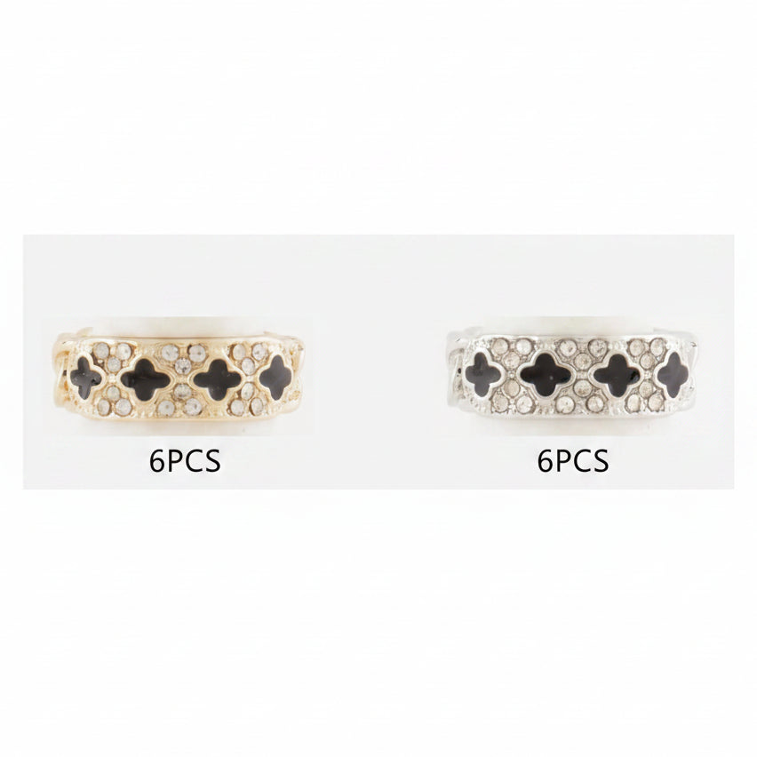 Enamel Clover & Crystal Band Rings - Wholesale Set of 12 (Gold & Silver Tone) (CG2736)