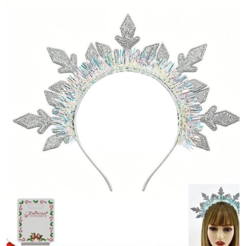 Women’s & Kids Glitter Snowflake Tinsel Crown Headband – Silver & White Winter Wonderland 12-Piece (CHB-8055)