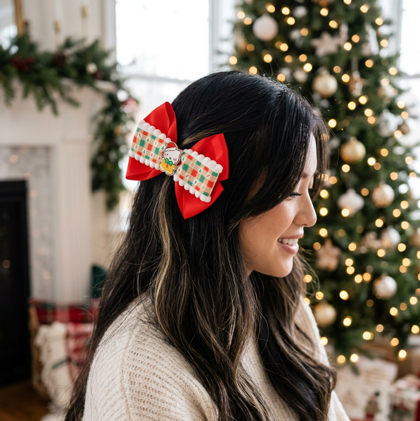 Kids Christmas Holiday Character Medallion Layered Grosgrain Bow Hair Clip – Pom-Pom Trim 12pcs (CHC-6056)