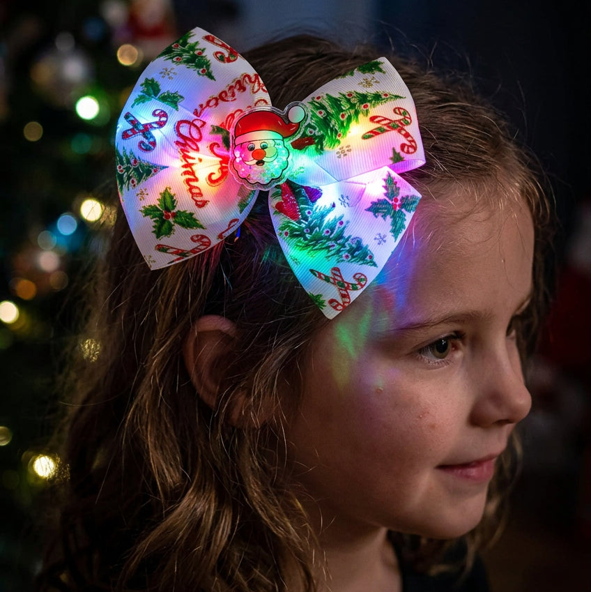 Kids Christmas Holiday LED Light-Up Printed Ribbon Bow Hair Clip – Multi-Design 12pcs (CHC-6064)