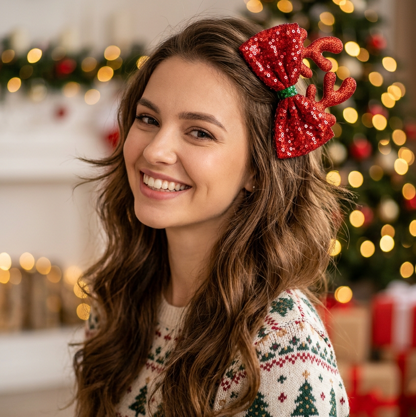 Kids Christmas Holiday Glitter Reindeer Antler Sequin Bow Hair Clip – Multi-Color 12pcs(CHC-6071)
