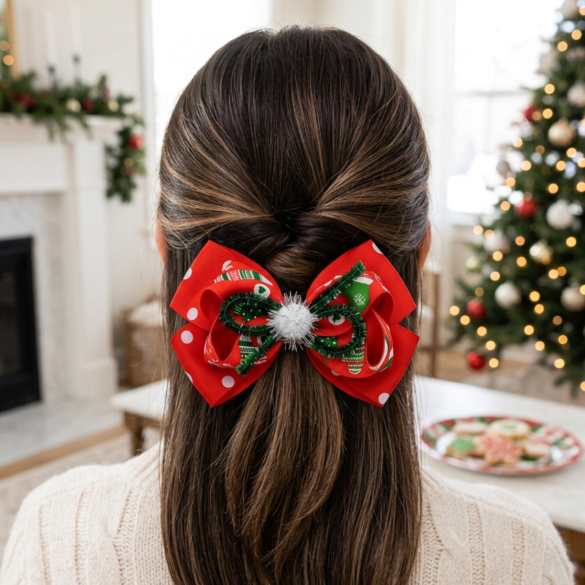 Kids Christmas Holiday Layered Polka Dot & Ribbon Tinsel Bow Hair Clip – Multi-Design 12pcs(CHC-6075)