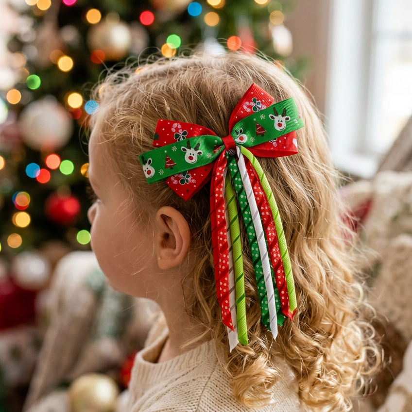 Kids Christmas Holiday Printed Grosgrain Bow with Corkscrew Ribbon Streamers Hair Clip – Red & Green 12pcs CHC-6078