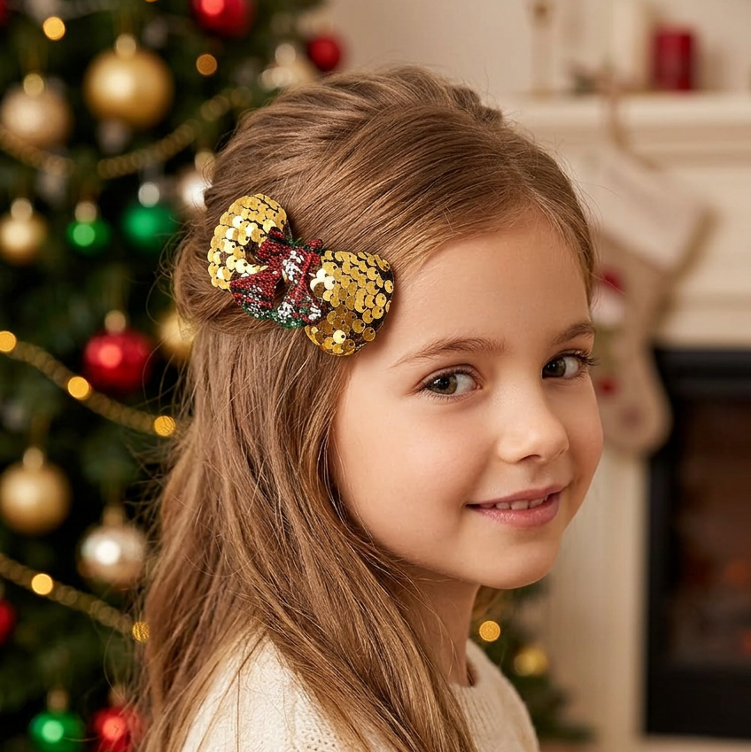 Christmas Holiday Sparkling Sequin Bow Hair Clips Set – Plaid & Icon Centerpieces 3-Piece Cards 12pcs (CHD-6217)