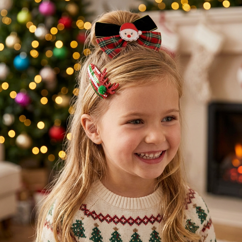 Christmas Holiday Velvet Santa Legs Bow Hair Clip – Red & Green 12pcs (CHD-6219)