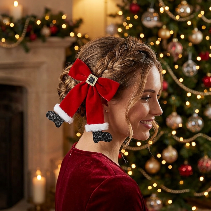 Christmas Holiday Velvet Santa Legs Bow Hair Clip – Red & Green 12pcs (CHD-6219)