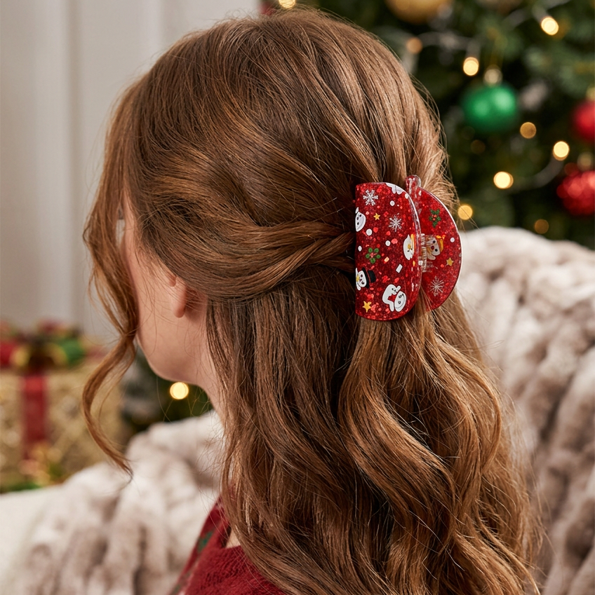 Christmas Holiday Glitter Half-Moon Hair Claw Clip with Festive Print – 6-Color 12 Pieces (CHP-9042)