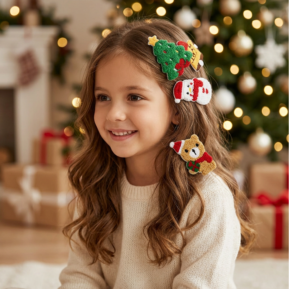 Kids Christmas Holiday Plush Chenille Character Patch Hair Clip – 5-Design 12pcs (CHP-9056)